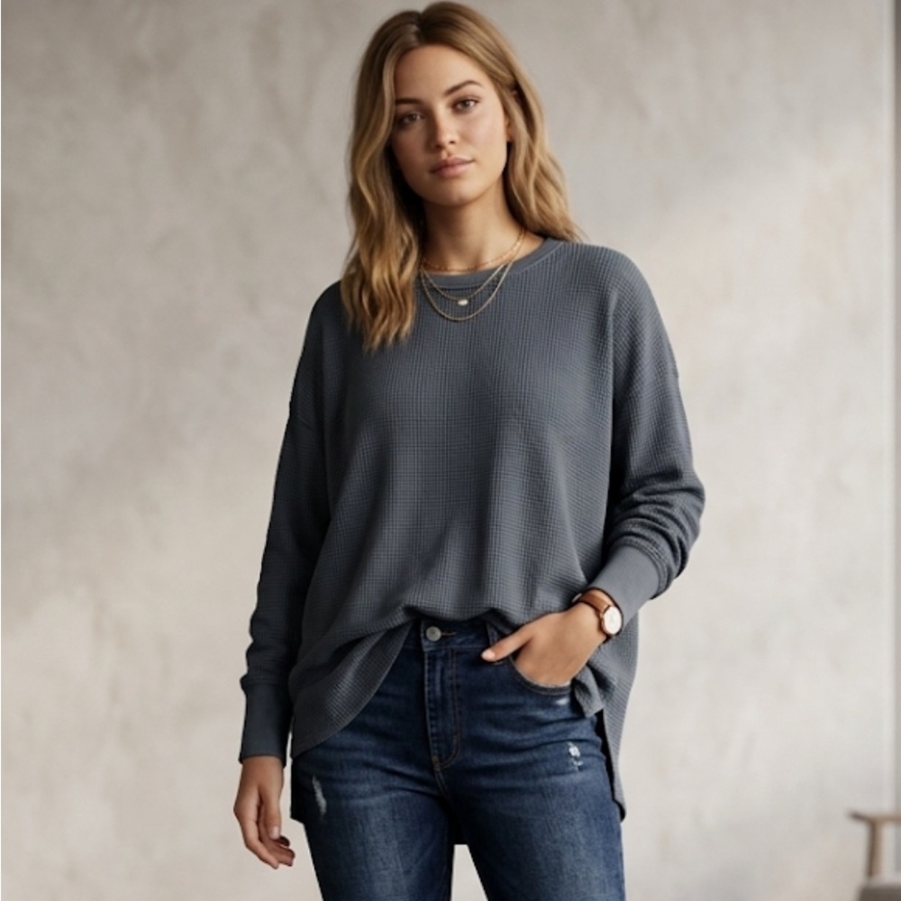Aerie Oversize Waffle Knit Pullover Top - Slate Gray